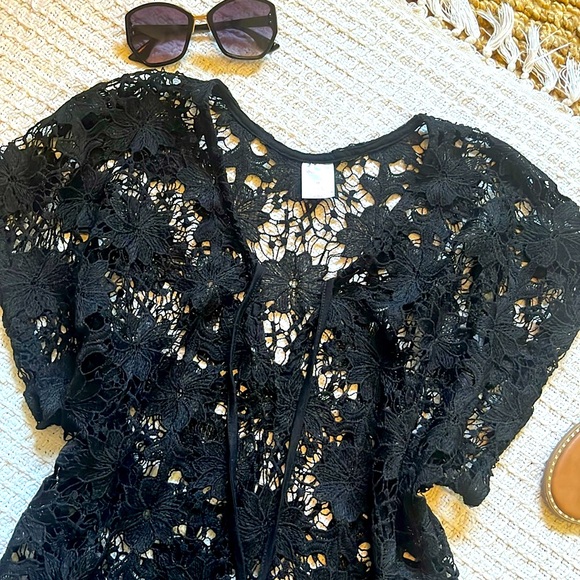 NWT Black lace swim cover up with ties and tassels sz M black sheer lace - Picture 4 of 6